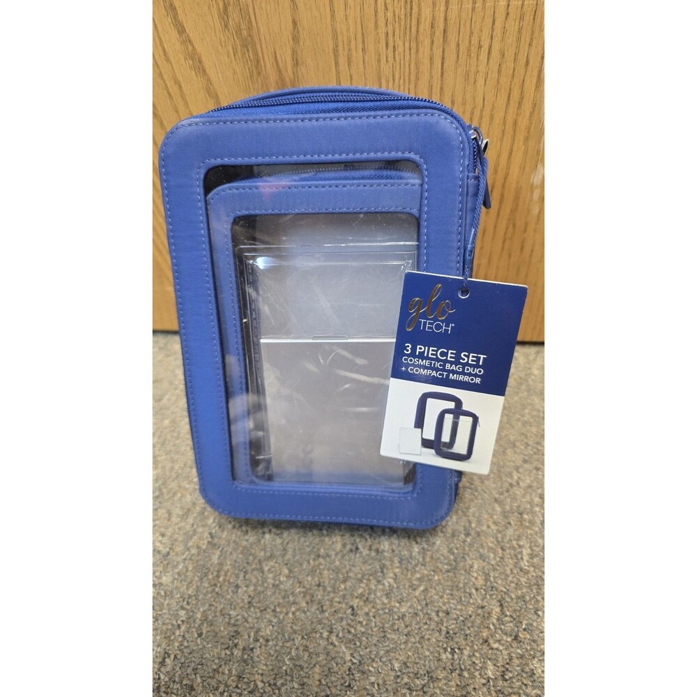 GloTech 3-Piece Navy Blue Cosmetic Travel Bag Set with Handle Compact Mirror New